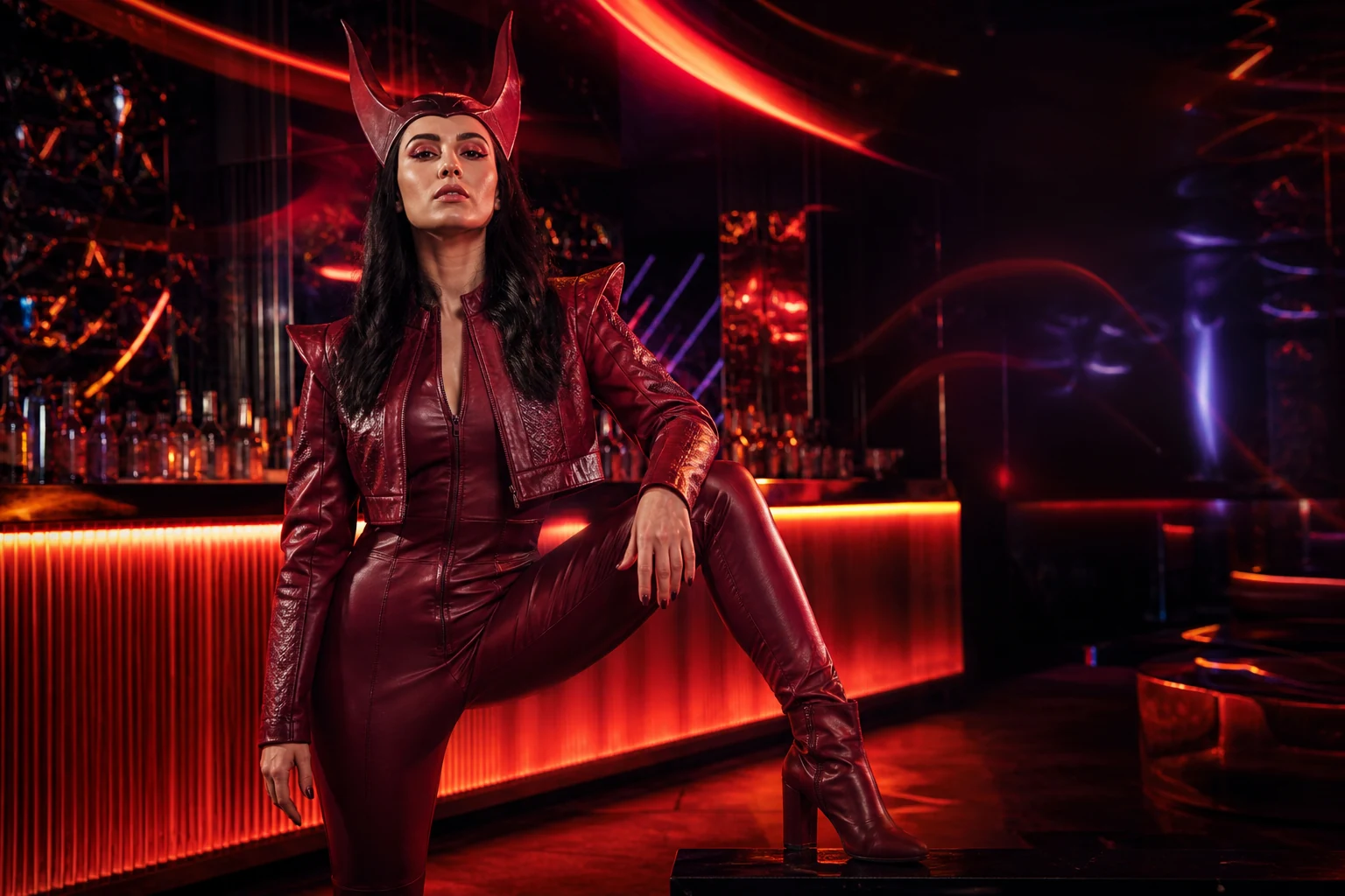 Adult flame-themed cyber rogue in a red nightlife cosplay setting